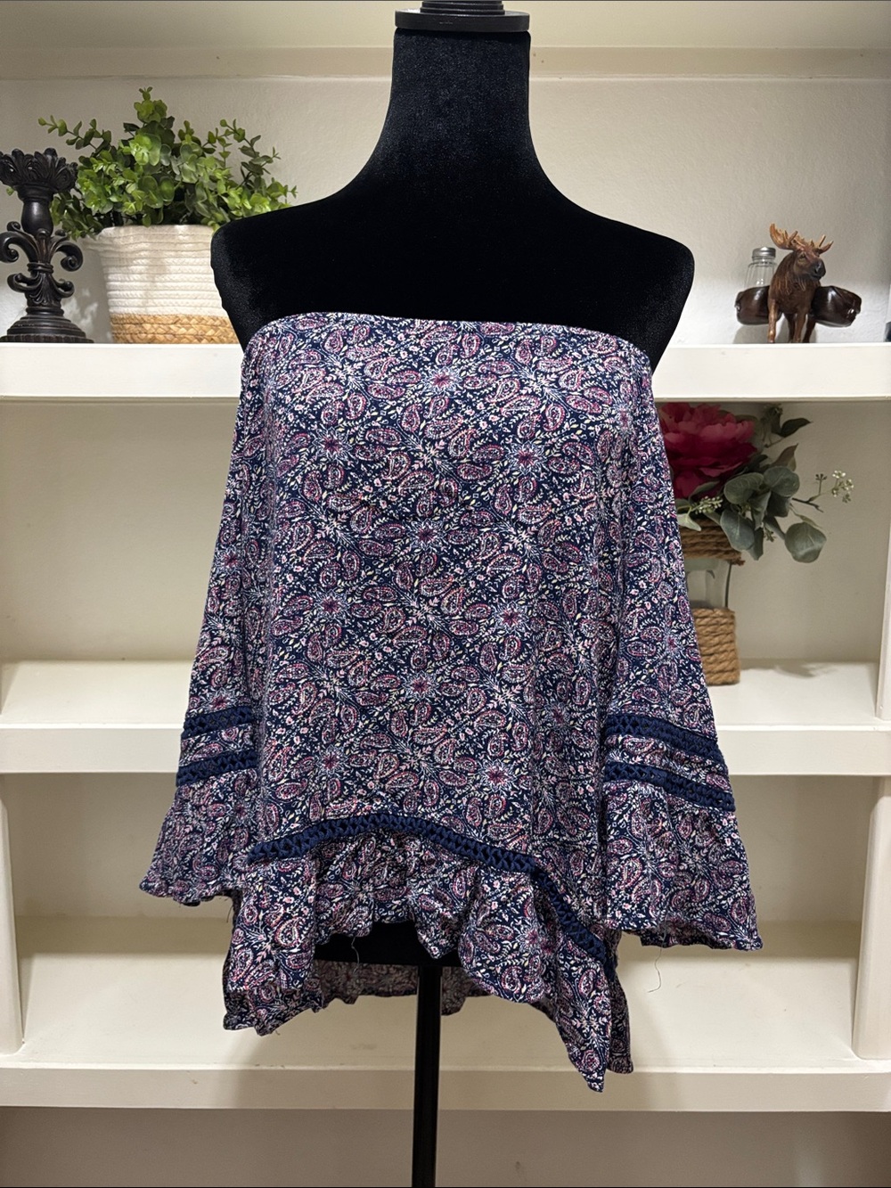 Hannah Navy Blue and Pink Paisley Off-Shoulder Blouse - Picture 1 of 7
